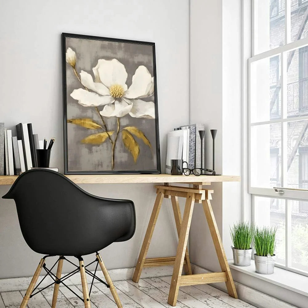 Flower Framed Wall Art Rustic White Magnolia Floral Picture Gold Foil Print Y2955