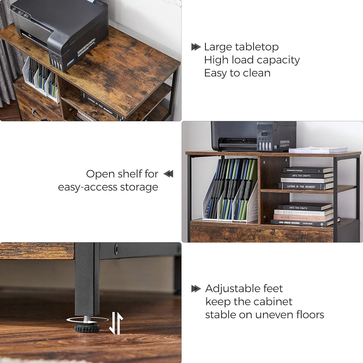 Rustic Brown and Black Filing Cabinet with Open Shelves and Drawer K88901
