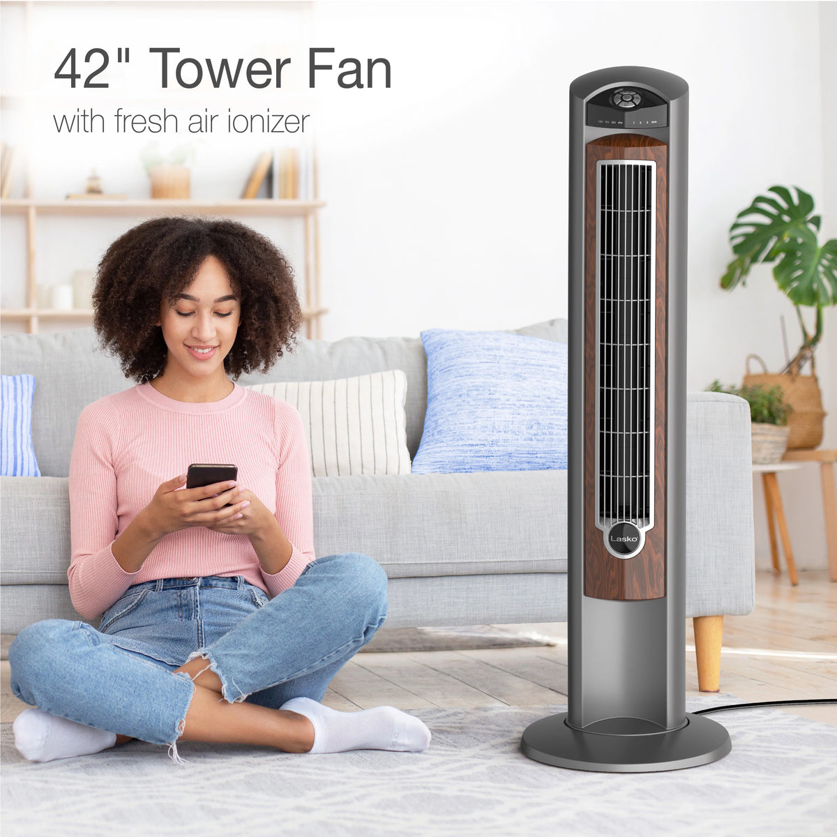 42 Wind Curve Tower Fan with Ionizer, Timer and Remote, Gray Woodgrain K29470