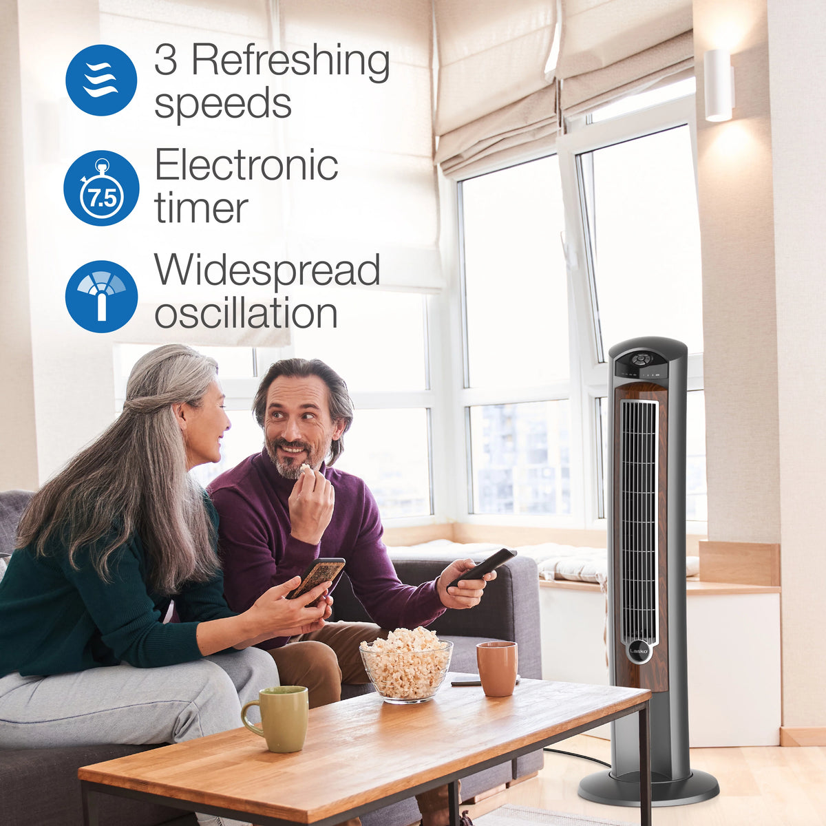 42 Wind Curve Tower Fan with Ionizer, Timer and Remote, Gray Woodgrain K29470