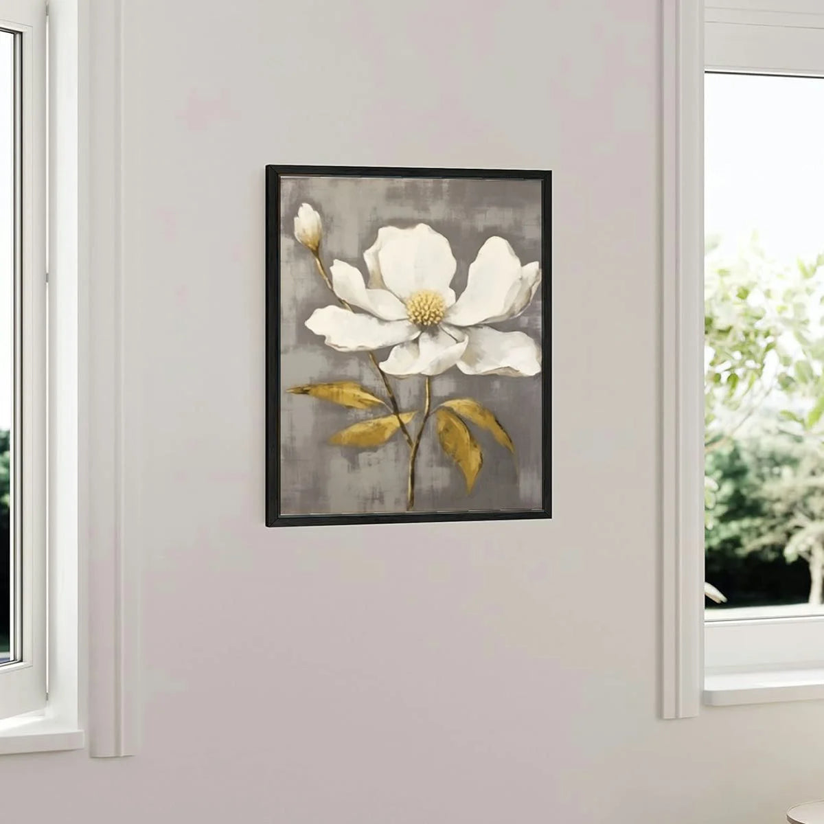 Flower Framed Wall Art Rustic White Magnolia Floral Picture Gold Foil Print Y2955