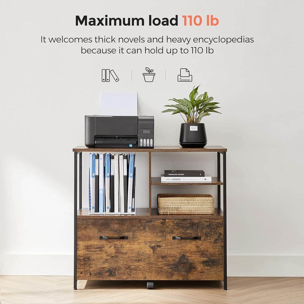Rustic Brown and Black Filing Cabinet with Open Shelves and Drawer K88901