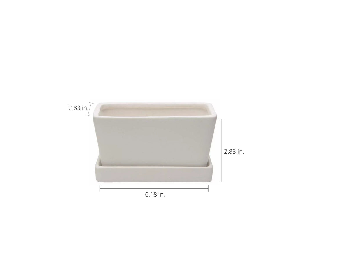 White Rectangular Ceramic Planter with Drainage Hole and Tray L785798