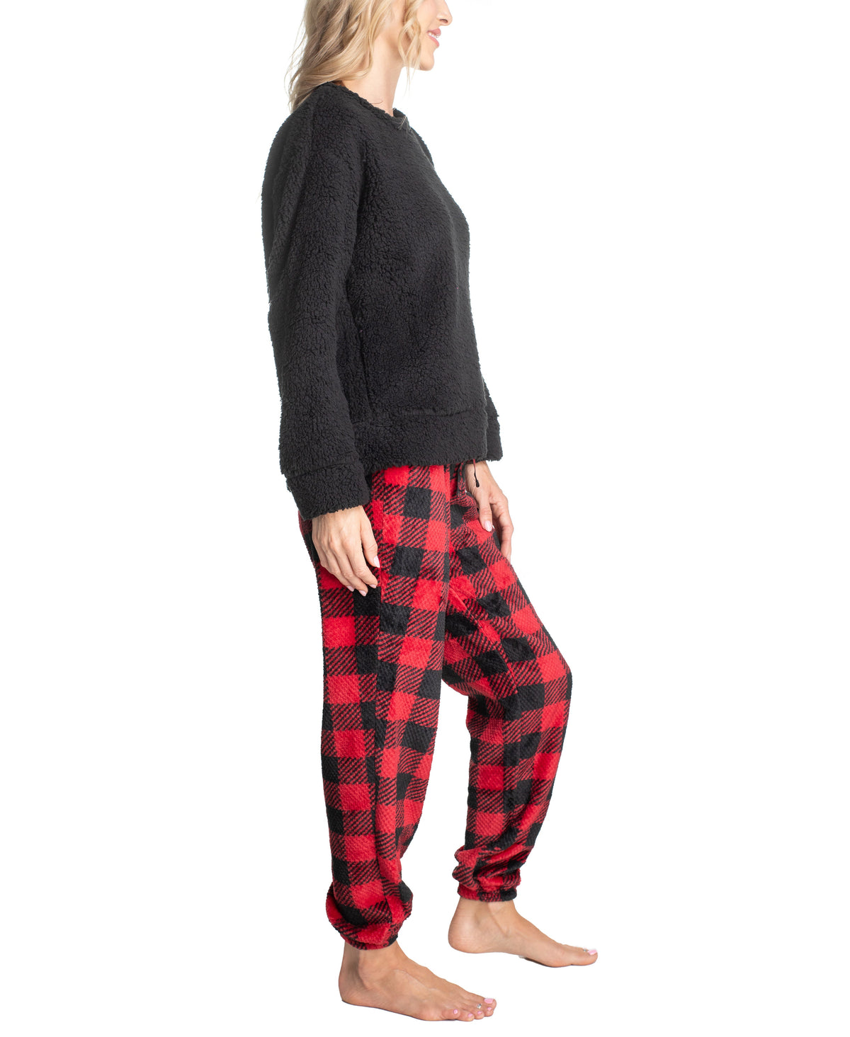 Sherpa Plush Pajama Set, Buffalo/Black, X-Small T64124
