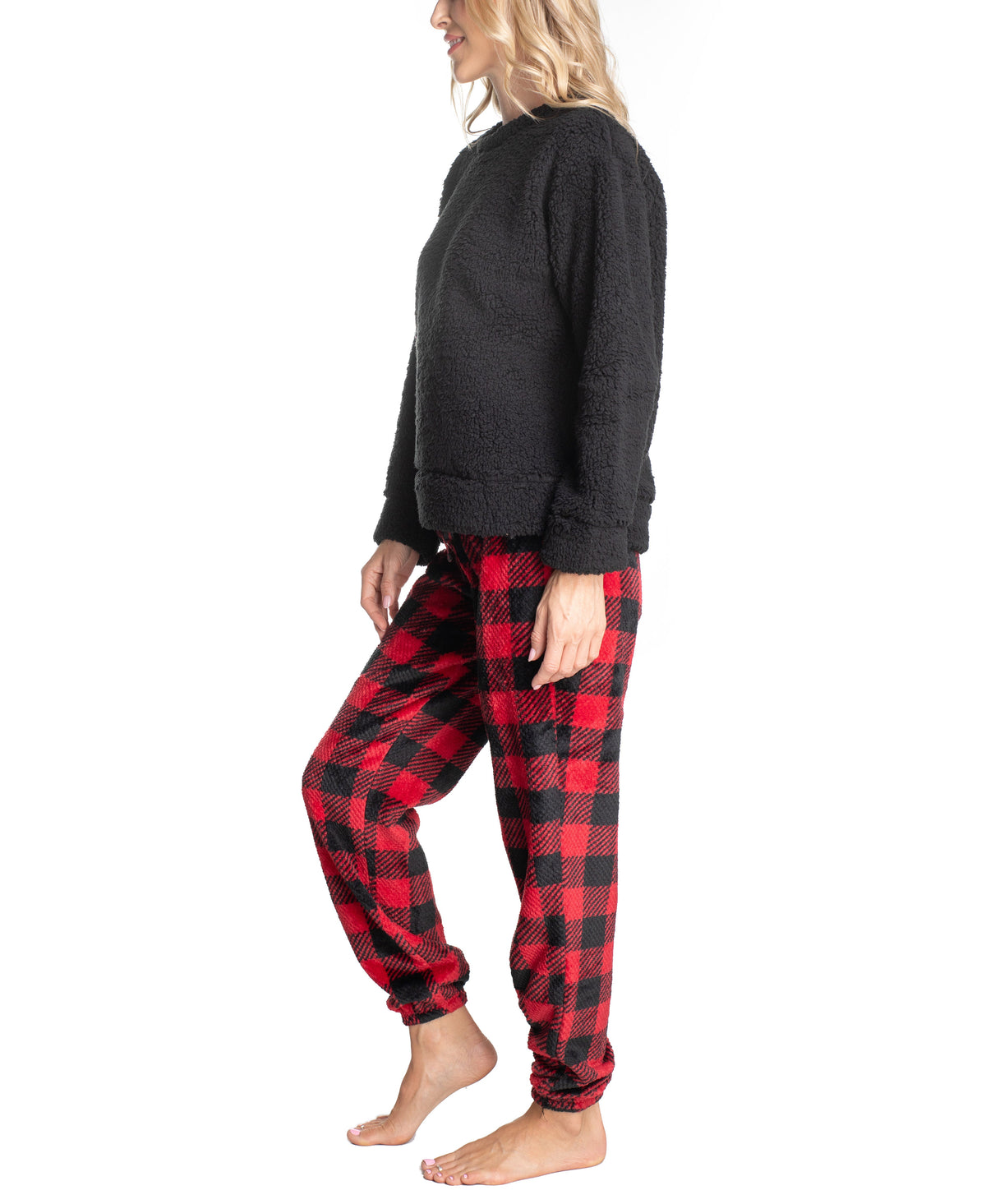 Sherpa Plush Pajama Set, Buffalo/Black, X-Small T64124