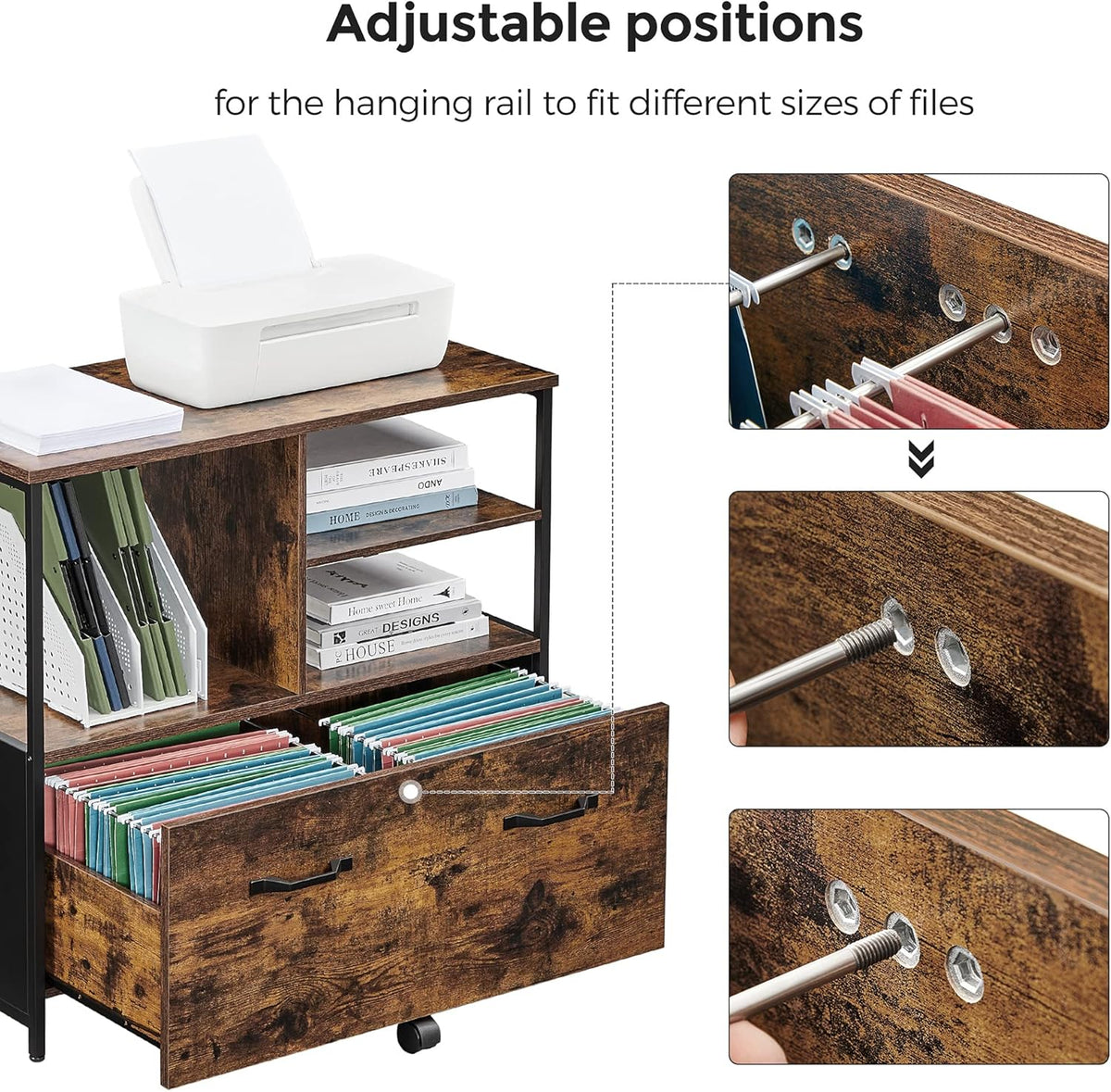 Rustic Brown and Black Filing Cabinet with Open Shelves and Drawer K88901