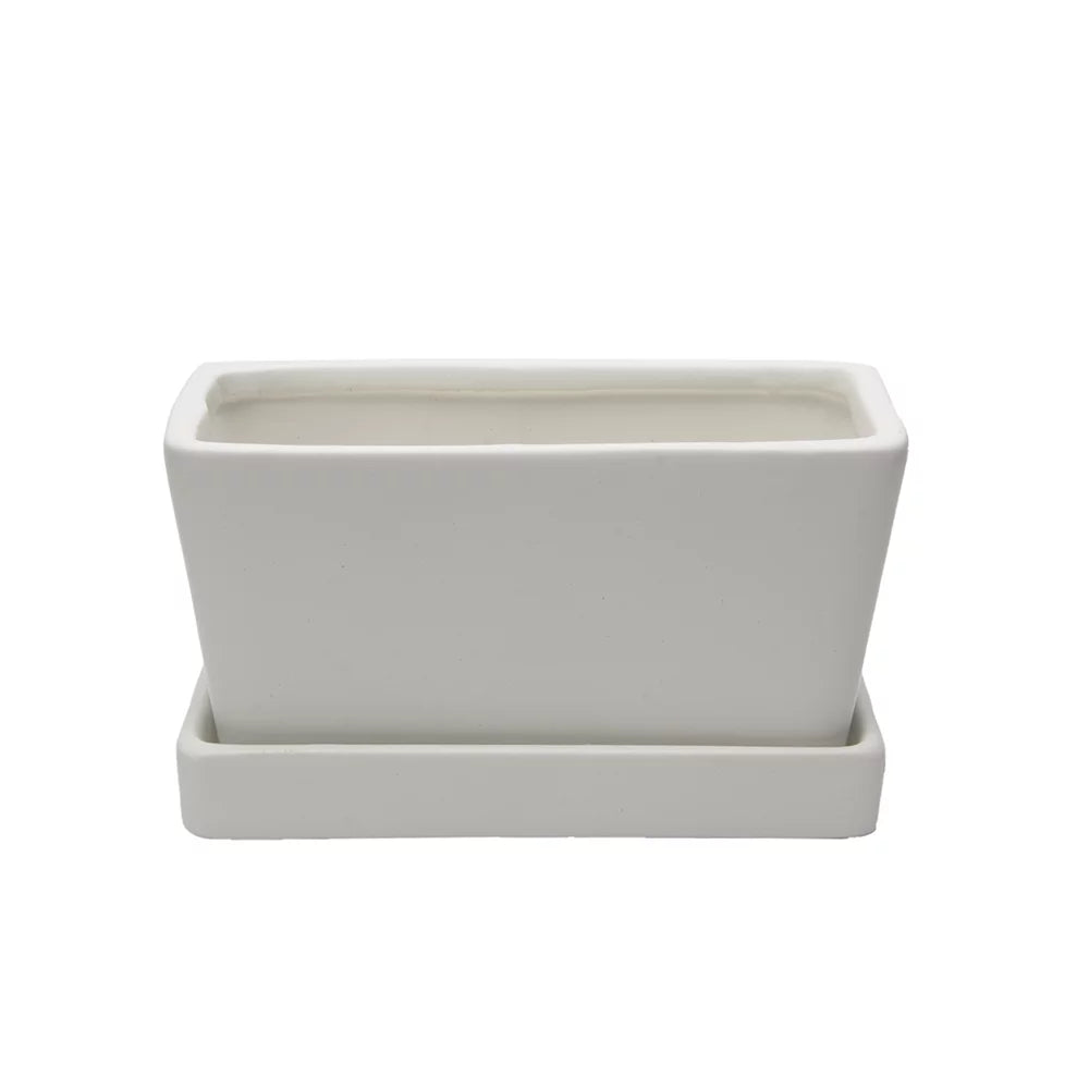 White Rectangular Ceramic Planter with Drainage Hole and Tray L785798
