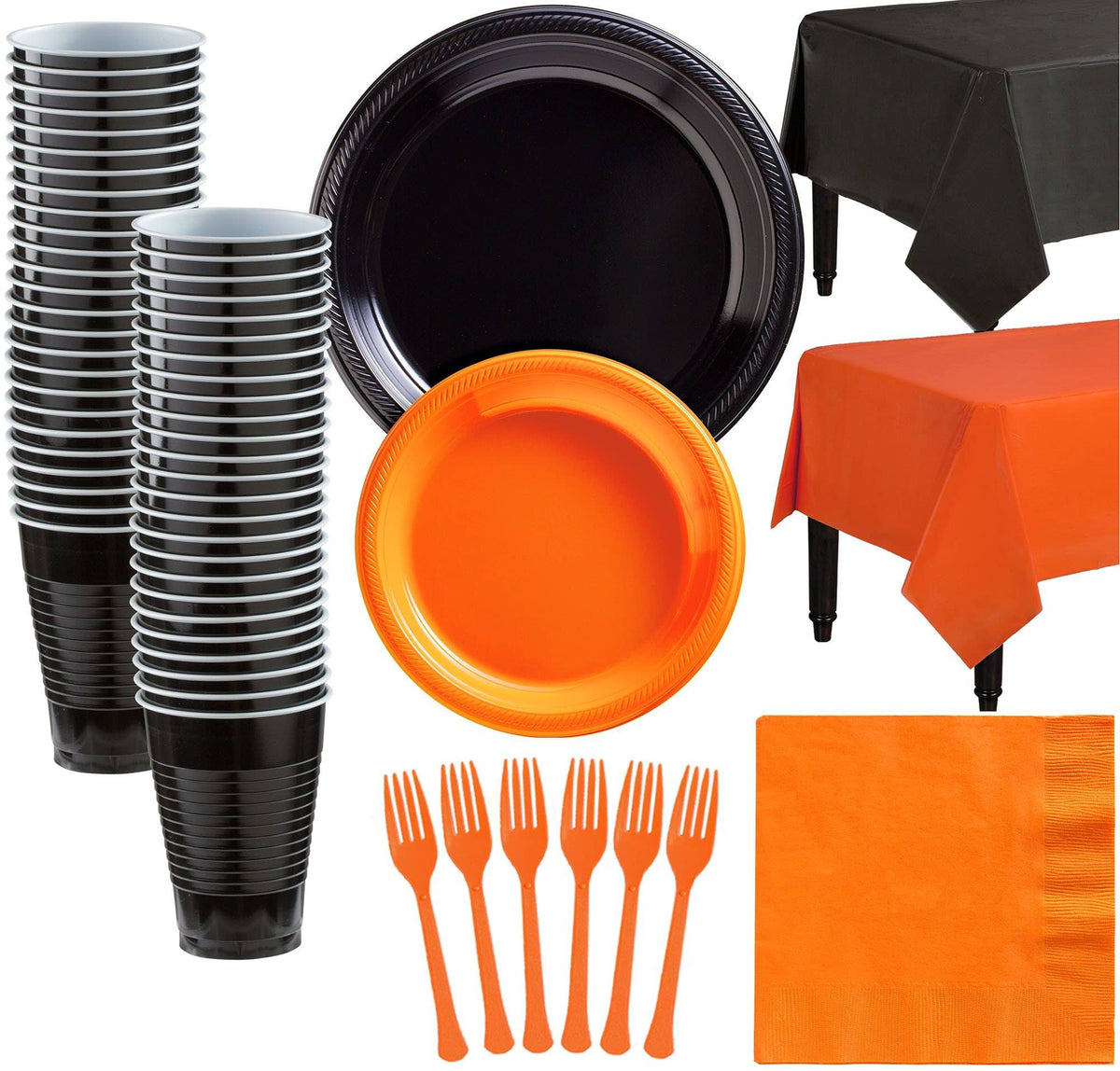 Black and Orange Plastic Tableware Kit for 50 Guests, 487 Pieces E5049