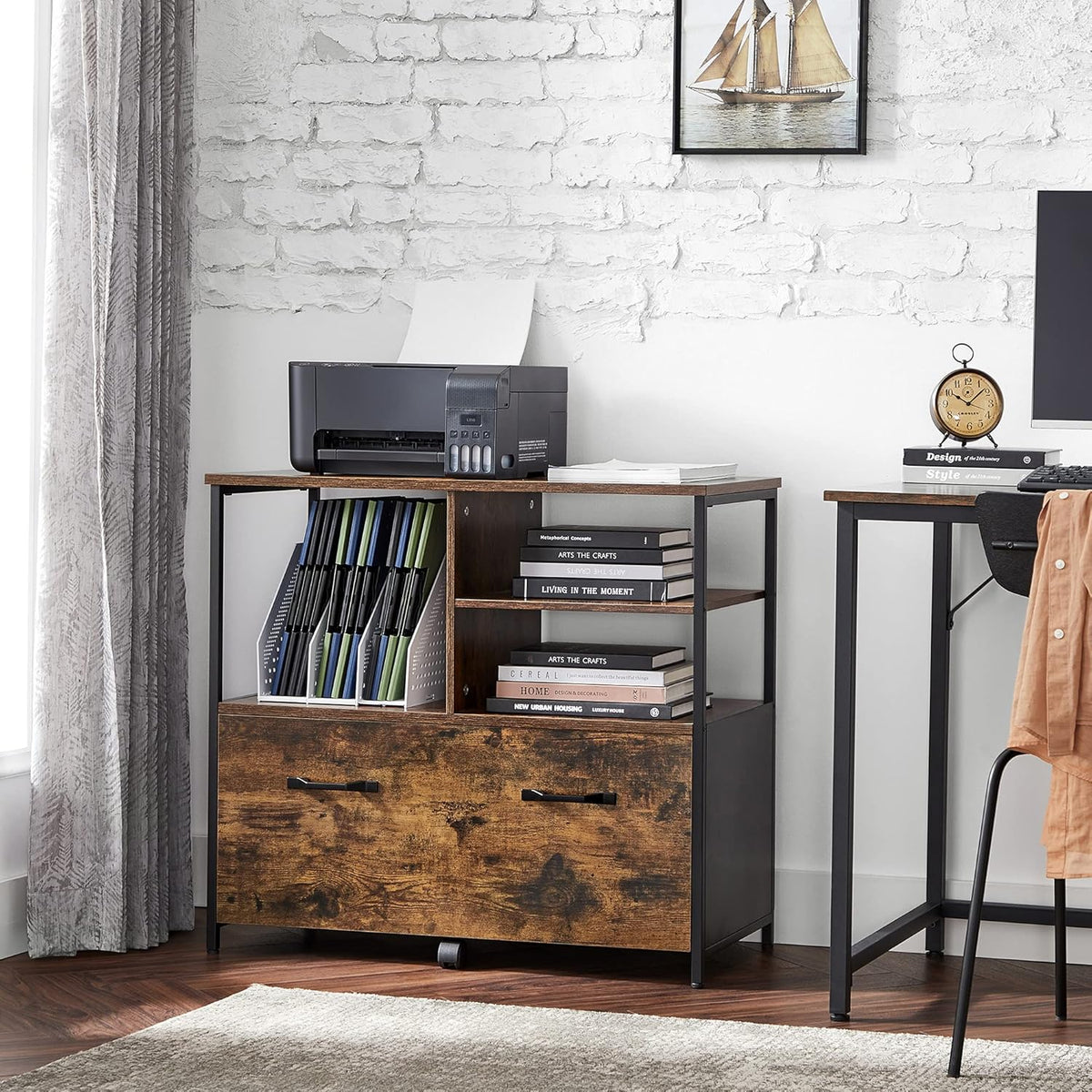 Rustic Brown and Black Filing Cabinet with Open Shelves and Drawer K88901