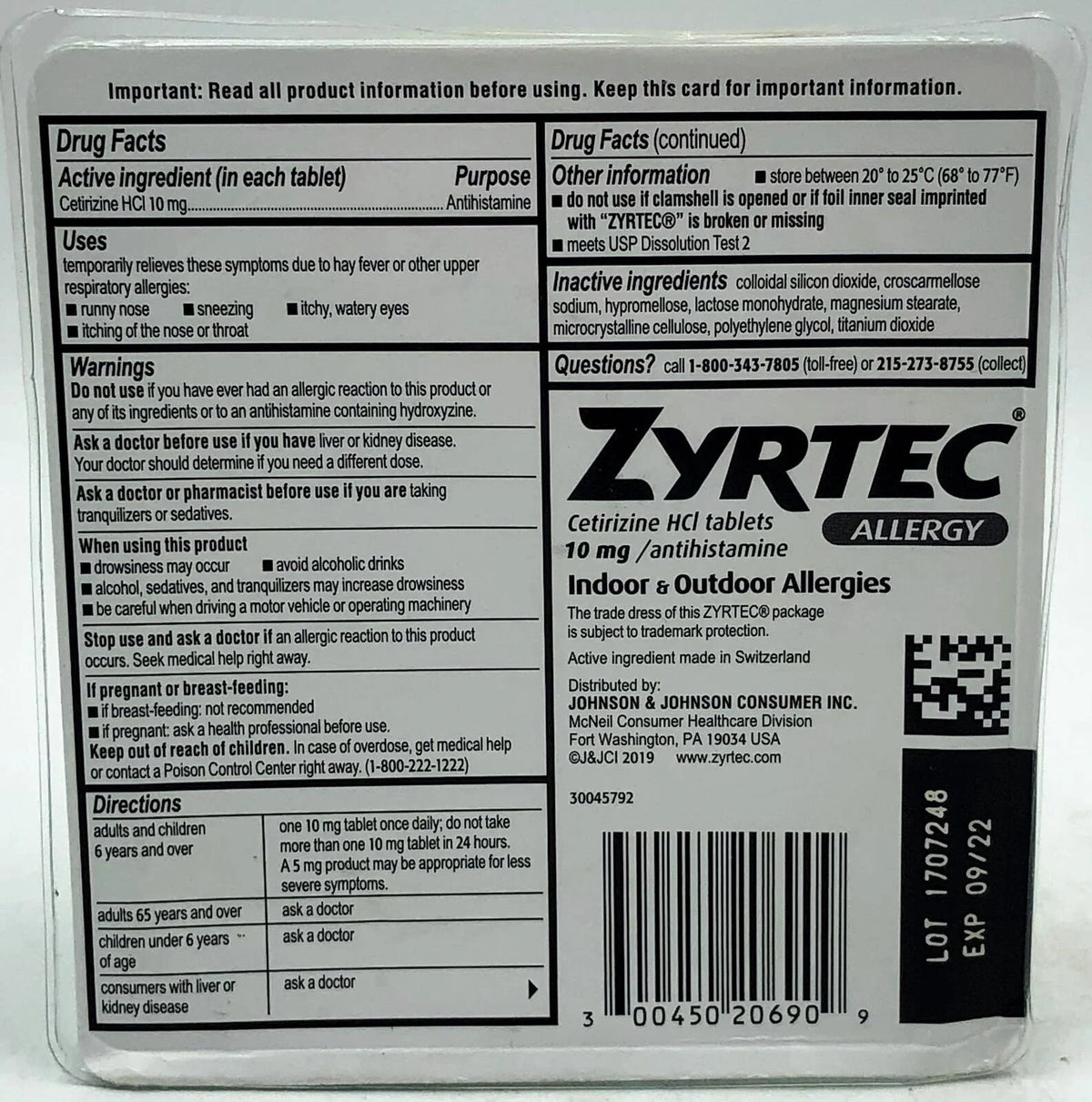 Cetirizine HCI 10 mg Antihistamine 90 Tablets F96380