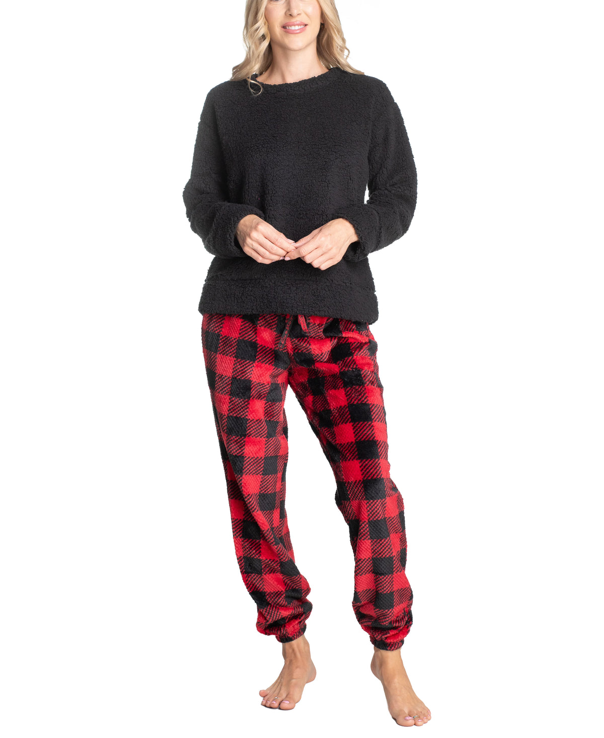 Sherpa Plush Pajama Set, Buffalo/Black, X-Small T64124
