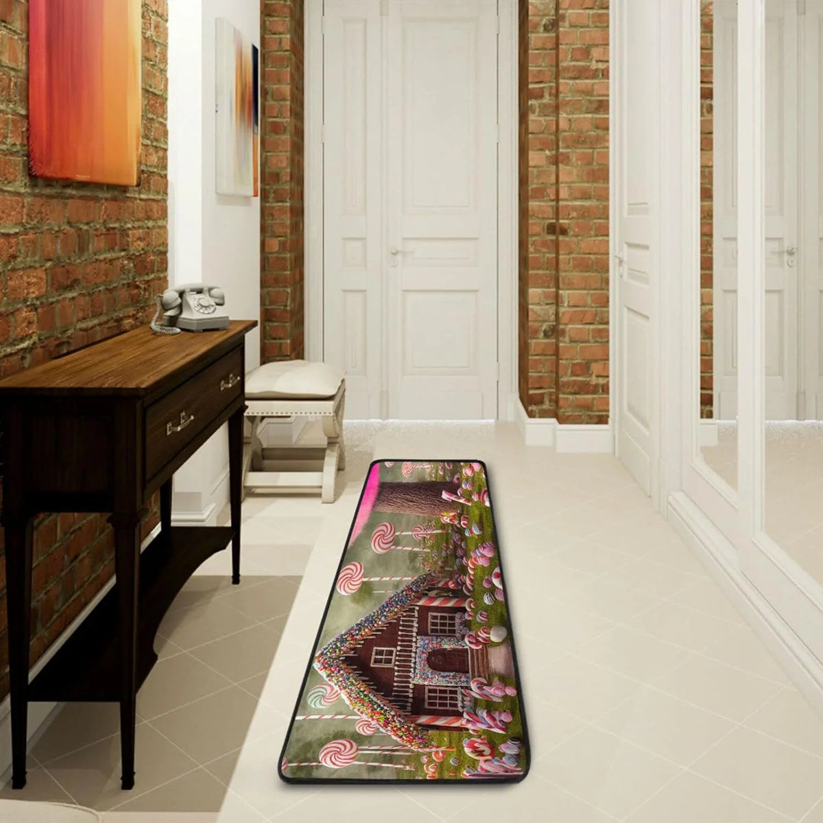Candy Gingerbread House 2'x6' Non Slip Washable Runner Rug V509