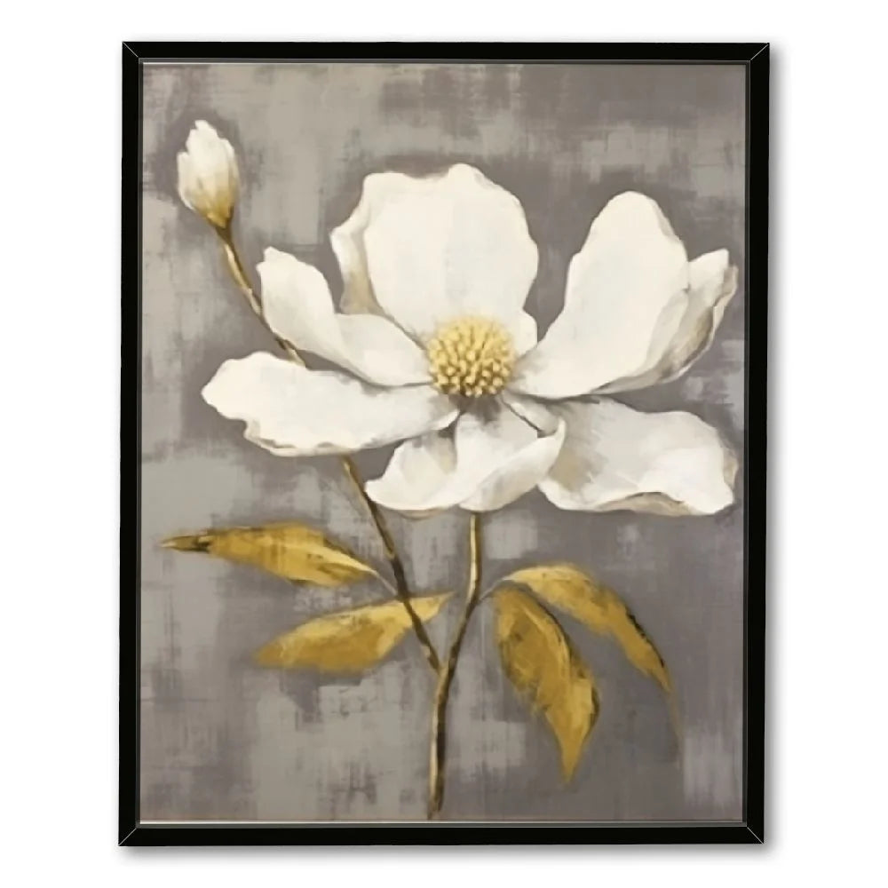 Flower Framed Wall Art Rustic White Magnolia Floral Picture Gold Foil Print Y2955