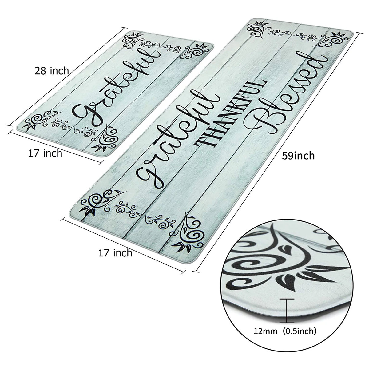 2 Piece Anti Fatigue Non-Slip Waterproof Kitchen Mat Runner, Aqua Blue J531006