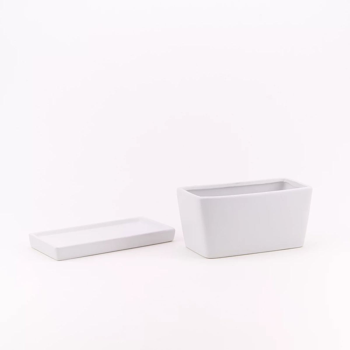 White Rectangular Ceramic Planter with Drainage Hole and Tray L785798