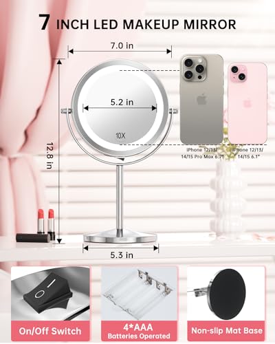 1x/10x Magnifying Lighted Makeup Mirror Double Sided Round Swivel 7 Inch W1759