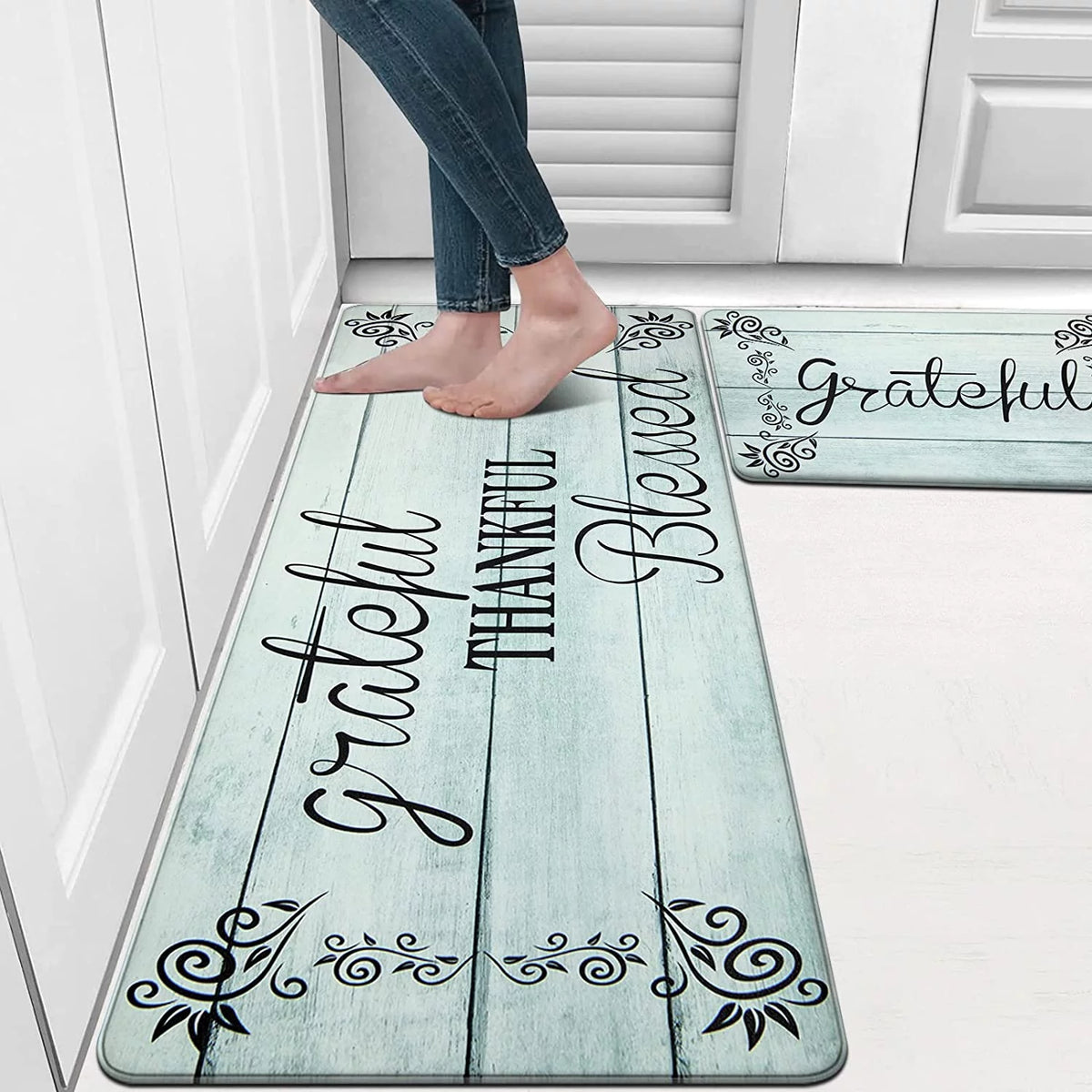 2 Piece Anti Fatigue Non-Slip Waterproof Kitchen Mat Runner, Aqua Blue J531006