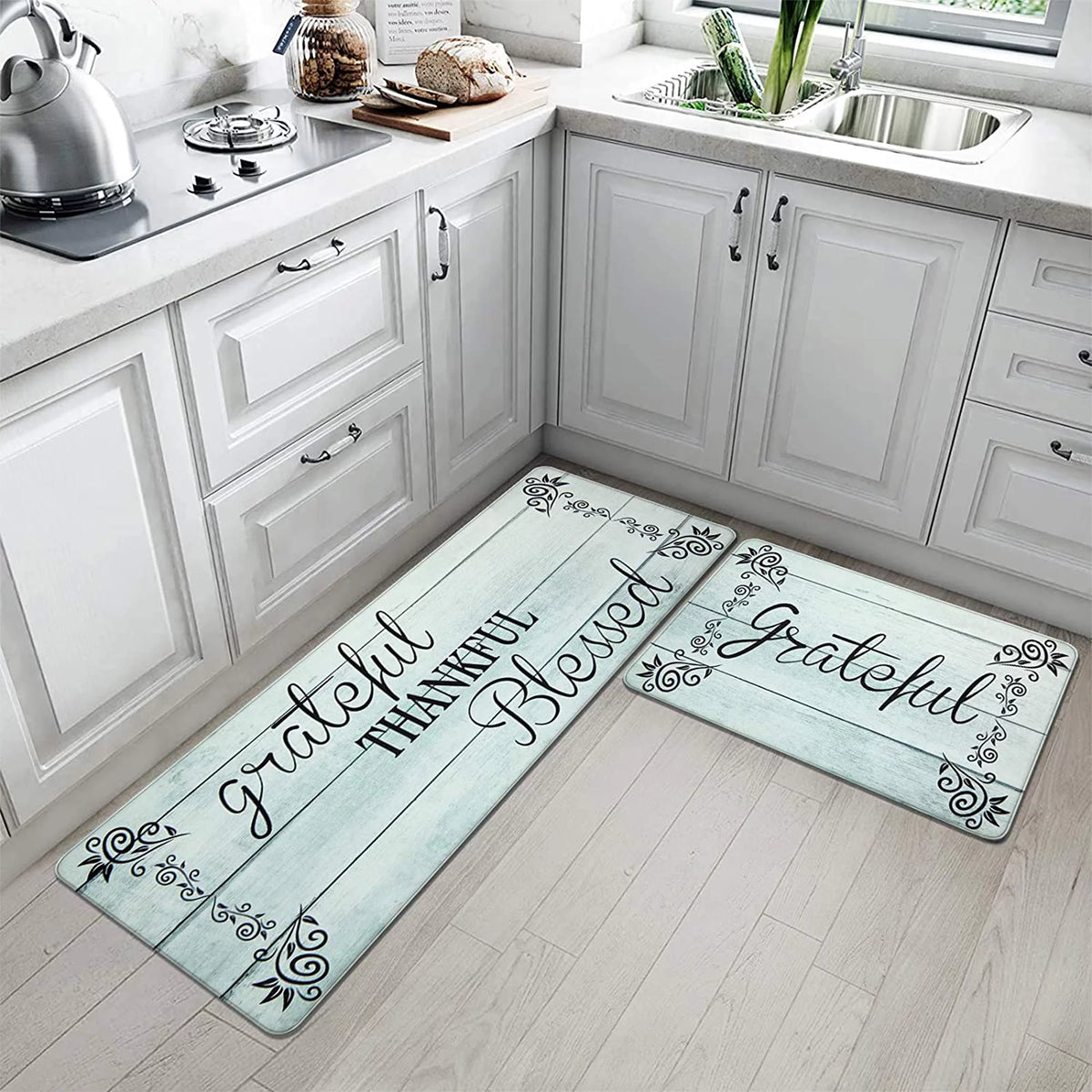 2 Piece Anti Fatigue Non-Slip Waterproof Kitchen Mat Runner, Aqua Blue J531006