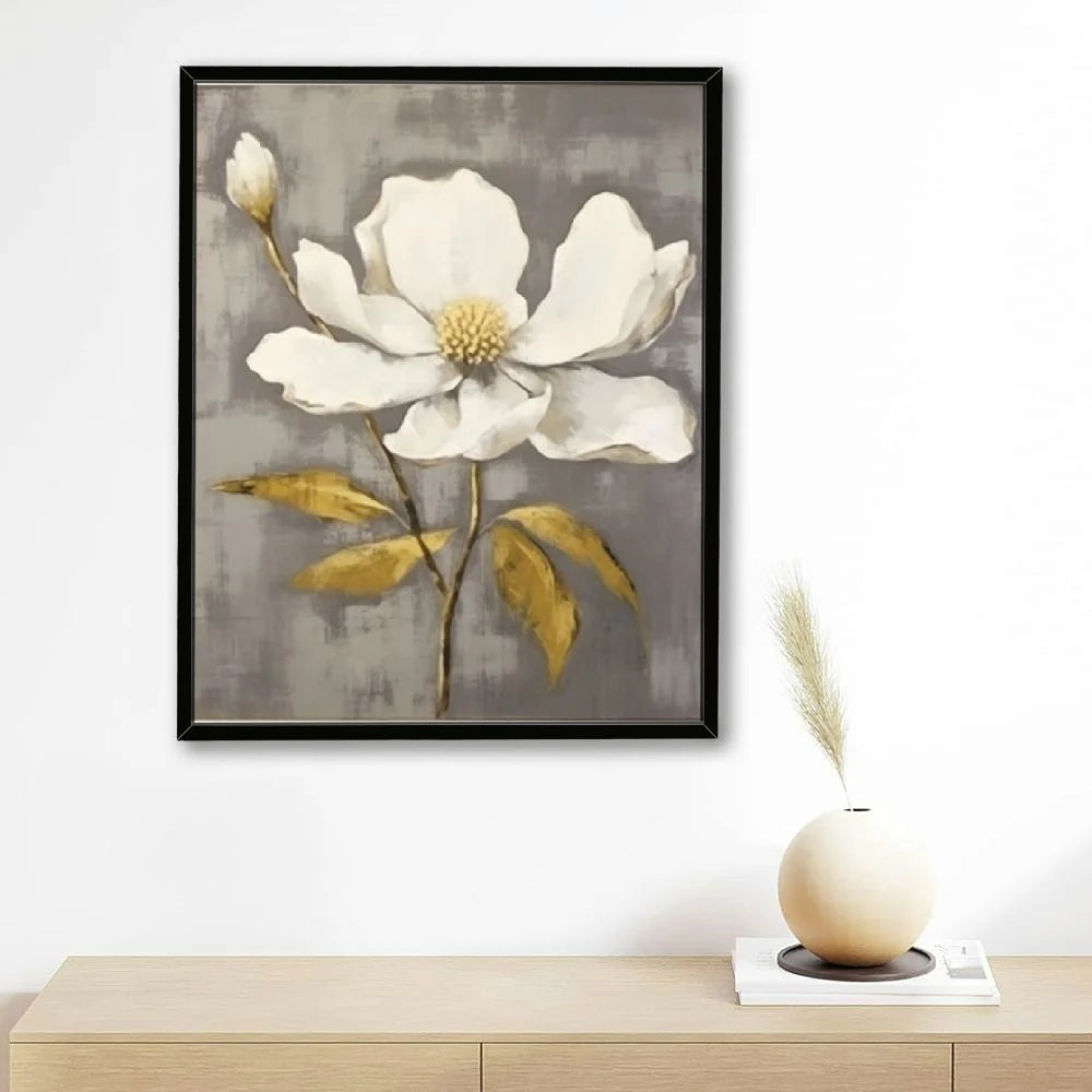 Flower Framed Wall Art Rustic White Magnolia Floral Picture Gold Foil Print Y2955