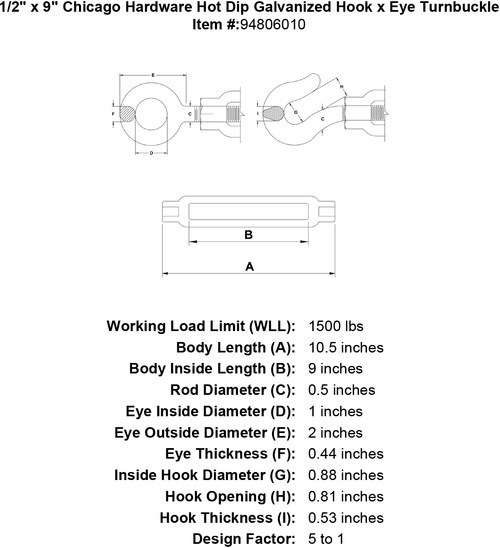 1/2 x 9 Hot Dip Galvanized Hook x Eye Turnbuckle M3900