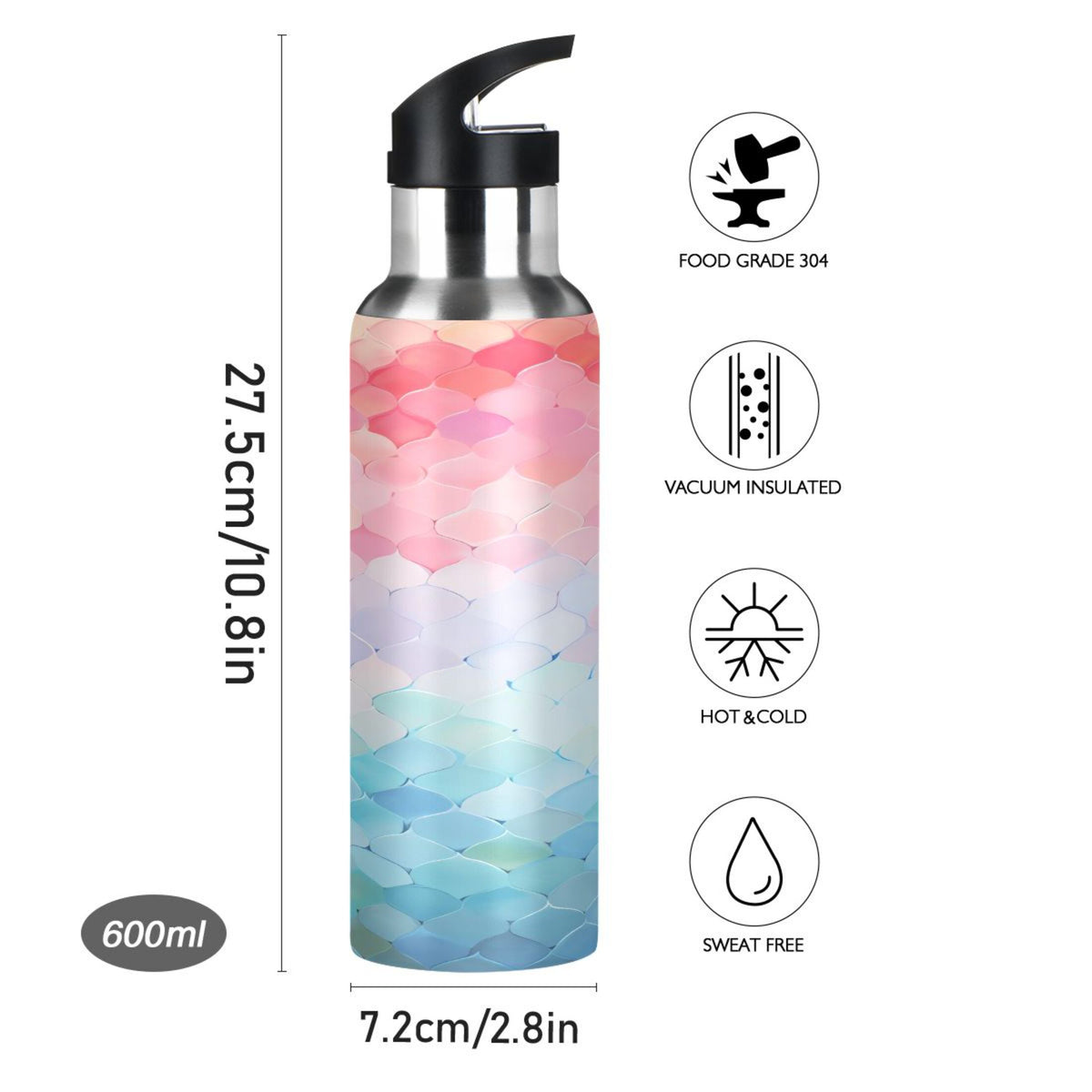 Blue and Pink Pattern Stainless Steel Insulated Water Bottle with Straw Lid K832