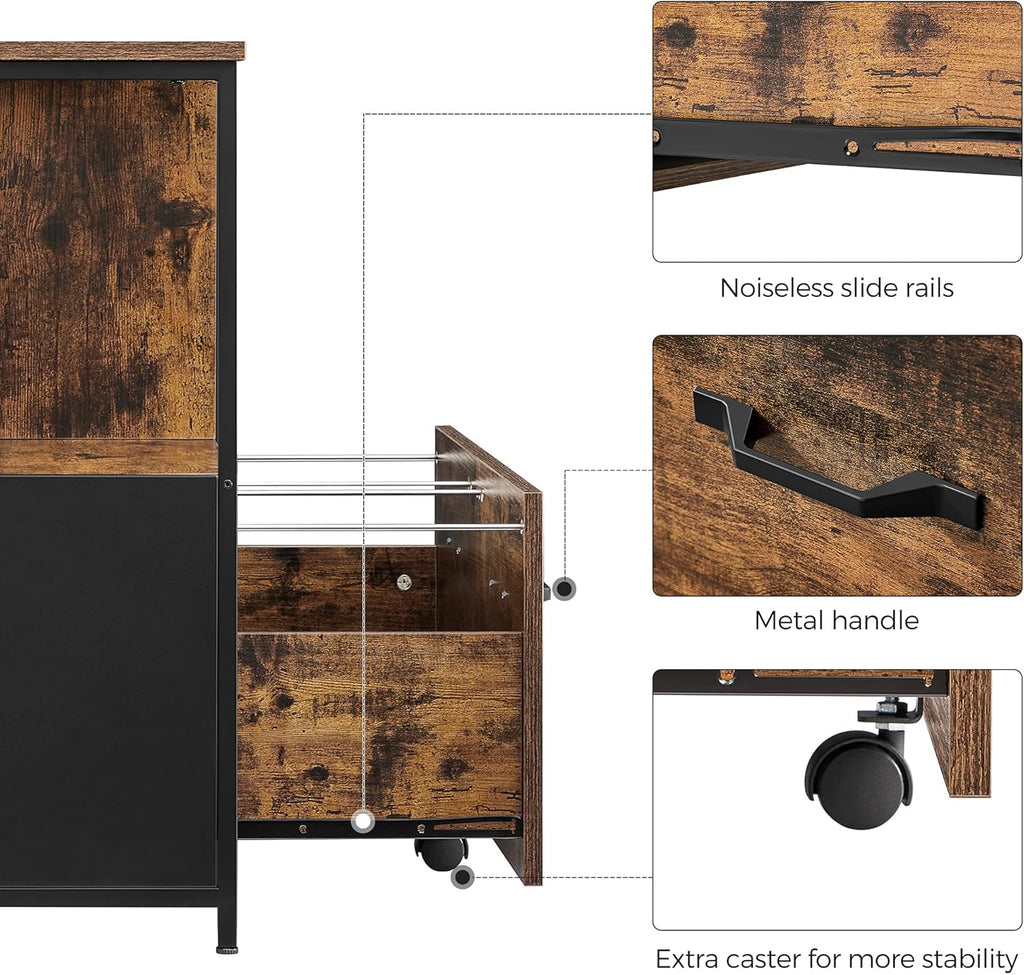 Rustic Brown and Black Filing Cabinet with Open Shelves and Drawer K88901