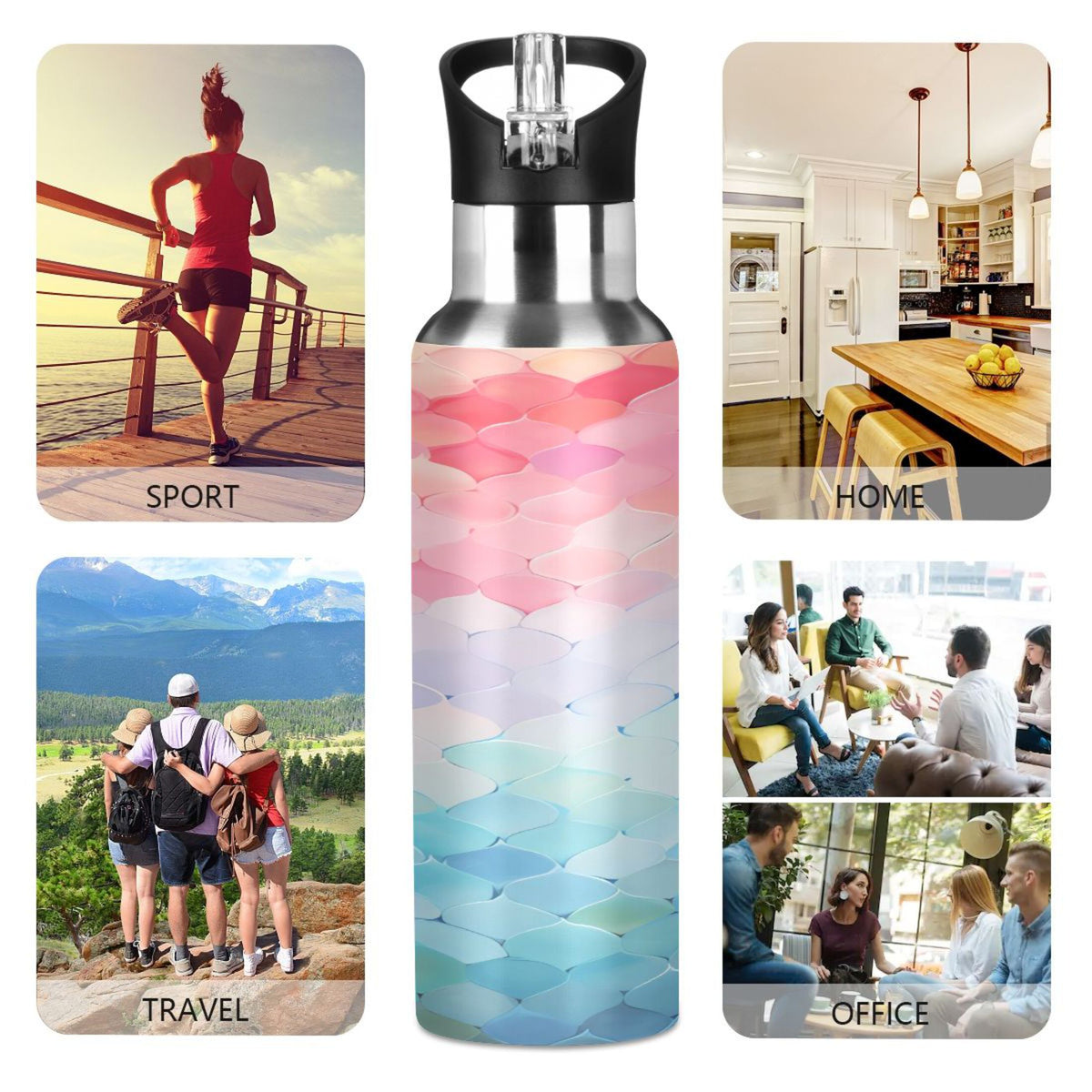 Blue and Pink Pattern Stainless Steel Insulated Water Bottle with Straw Lid K832