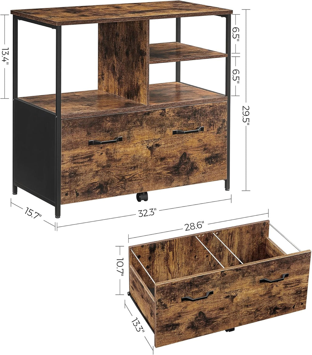 Rustic Brown and Black Filing Cabinet with Open Shelves and Drawer K88901